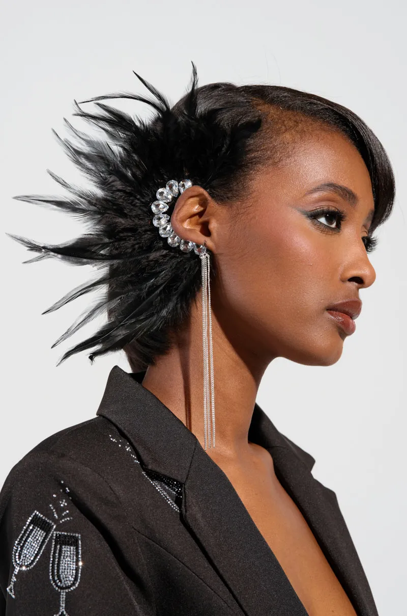 GLAM BIRD BLACK FEATHER EAR CUFF IN BLACK SILVER