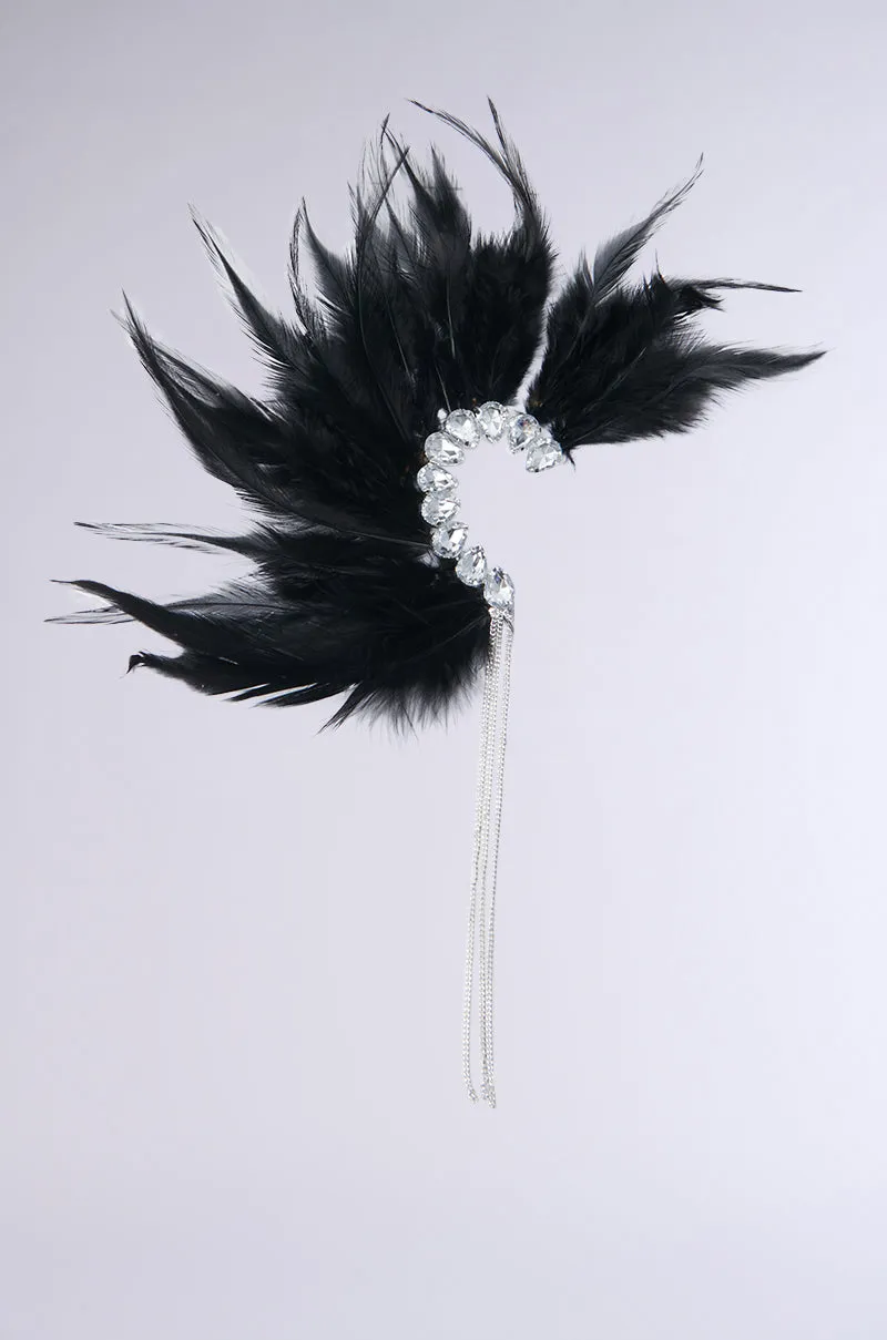 GLAM BIRD BLACK FEATHER EAR CUFF IN BLACK SILVER
