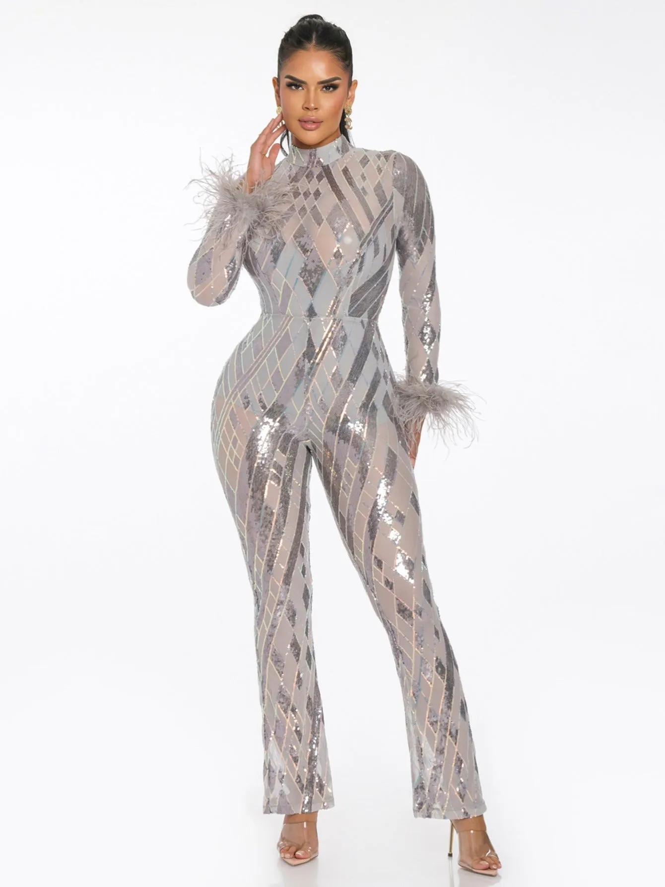 Glamorous Feathered Sequin Jumpsuit  Black  Silver