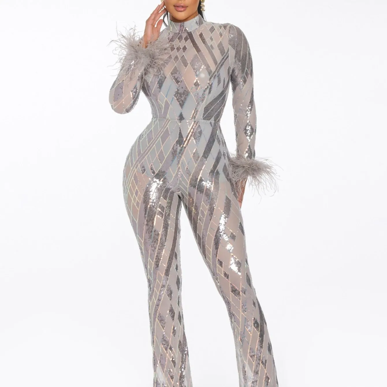 Glamorous Feathered Sequin Jumpsuit  Black  Silver