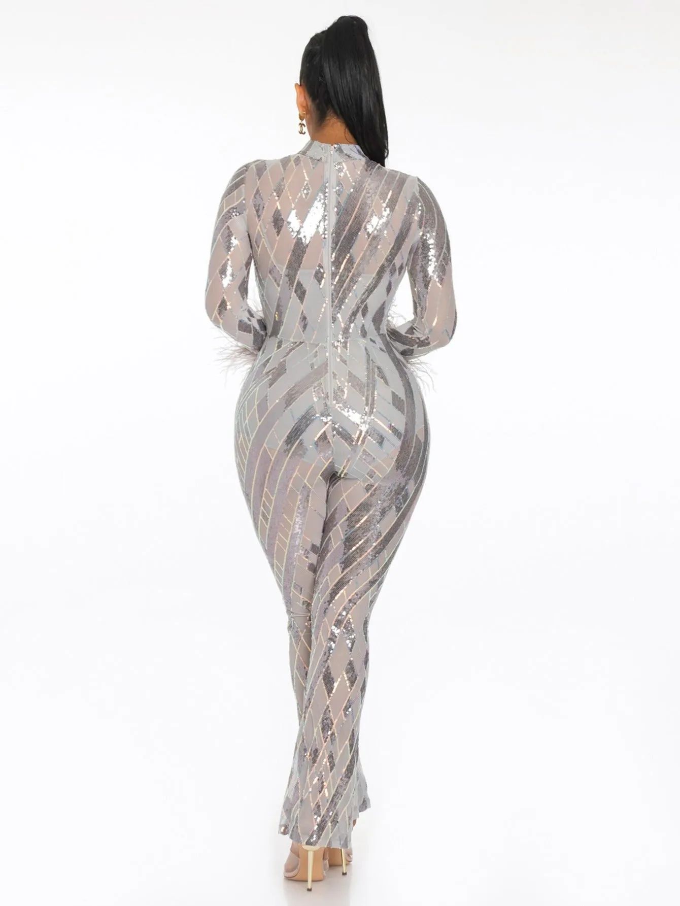 Glamorous Feathered Sequin Jumpsuit  Black  Silver