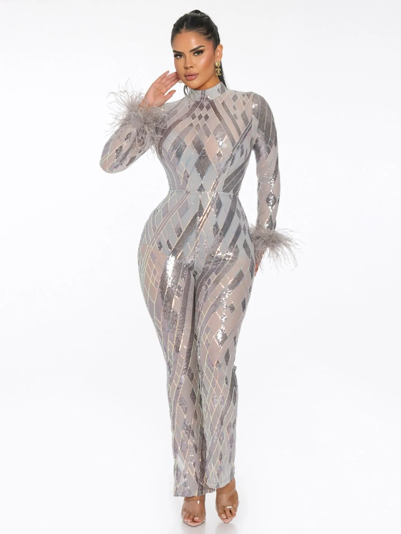 Glamorous Feathered Sequin Jumpsuit  Black  Silver
