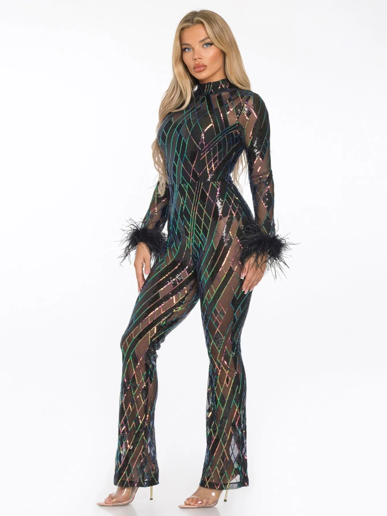 Glamorous Feathered Sequin Jumpsuit  Black  Silver
