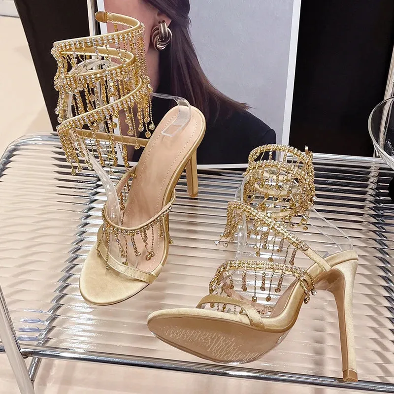 Golden Shoes Fashion Rhinestones Peep Toe Ladies High Heels Crystal Shoes Gladiator Sandals Women Thin Heels Female Footwear