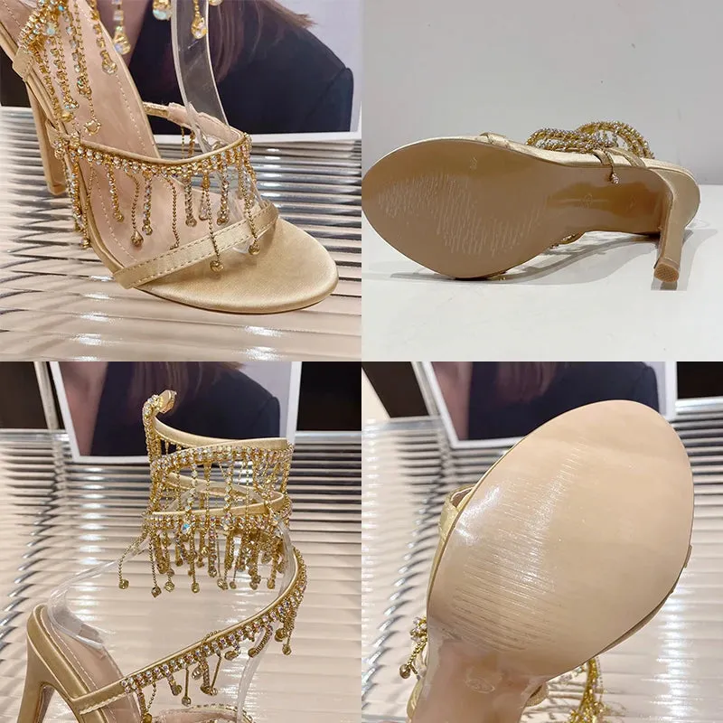Golden Shoes Fashion Rhinestones Peep Toe Ladies High Heels Crystal Shoes Gladiator Sandals Women Thin Heels Female Footwear