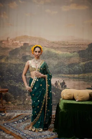 Green & Golden Organza Mirror Work Saree Set