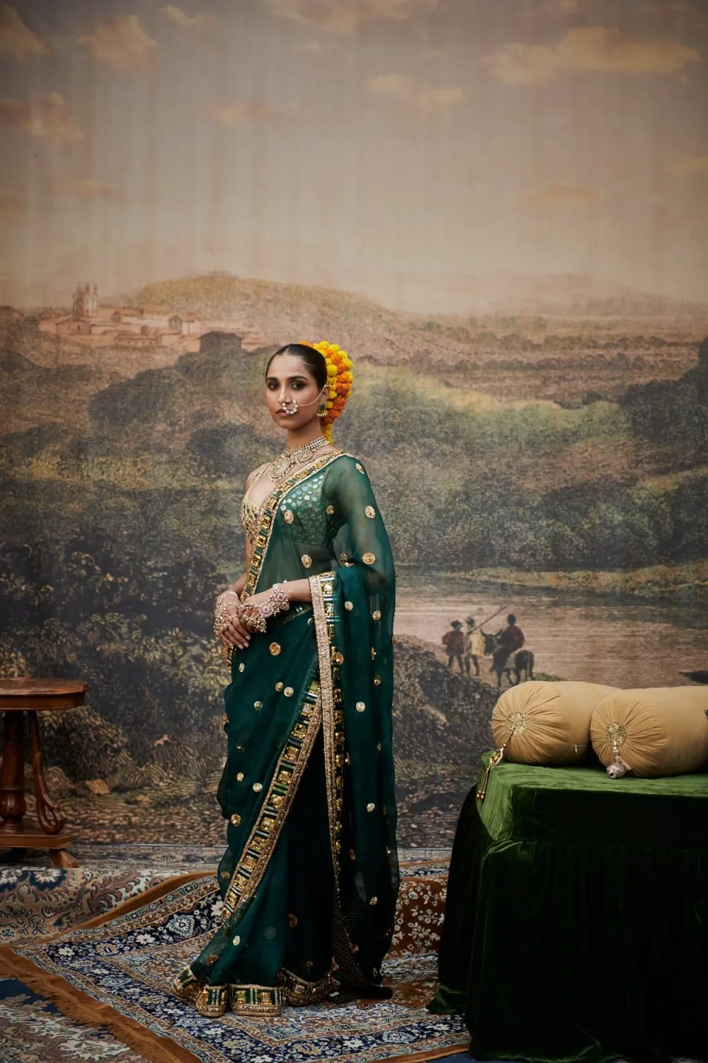 Green & Golden Organza Mirror Work Saree Set