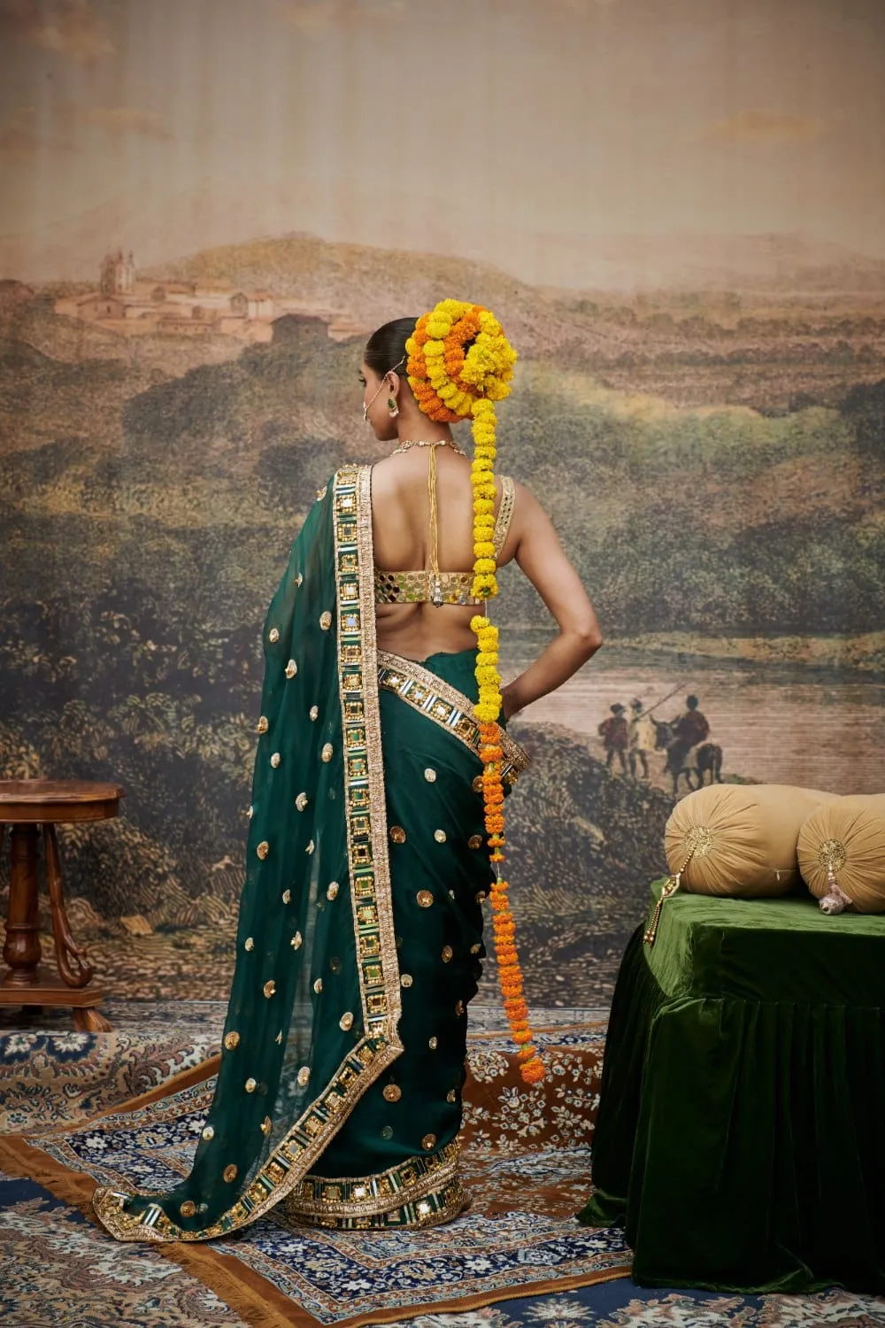 Green & Golden Organza Mirror Work Saree Set