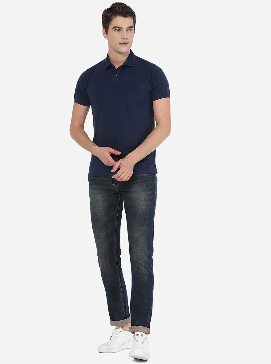 Indigo Blue Solid Slim Fit Polo T-Shirt | Greenfibre