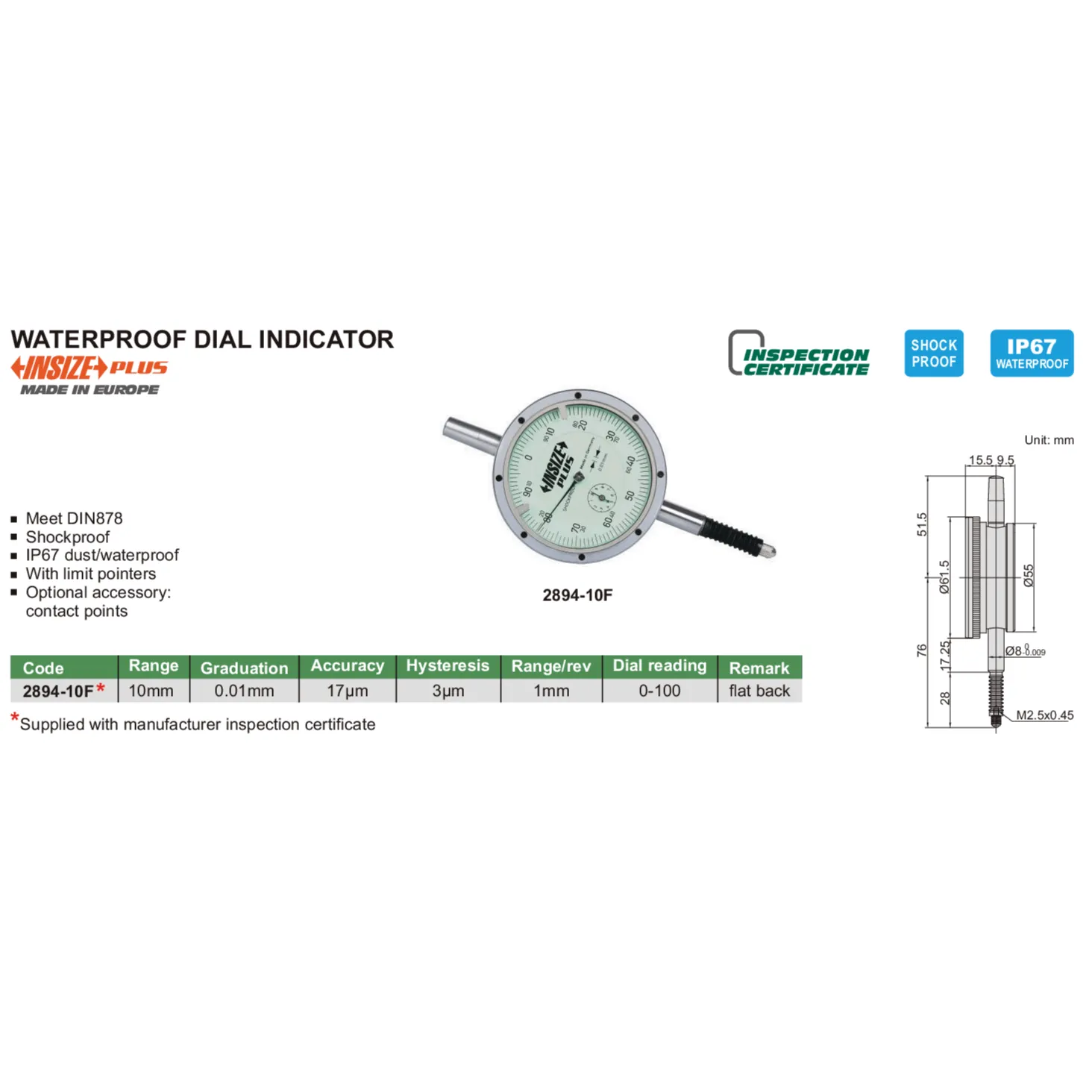 Insize Dial Indicator 10mm Range Series 2894-10F