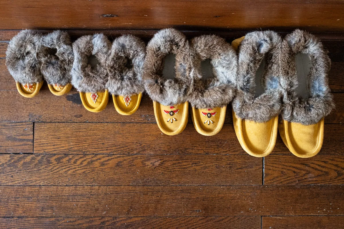 Junior Suede Fleece Lined Beaded Rabbit Fur Moccasins