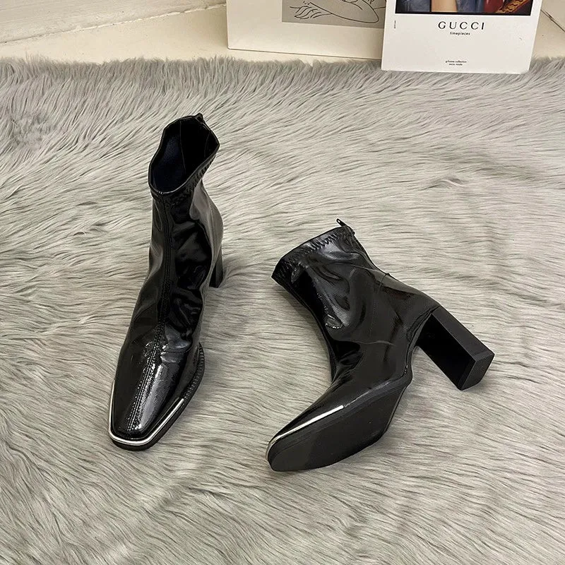 Kendall Jenner Patent Leather Back Zipper Skinny Boots High Heels