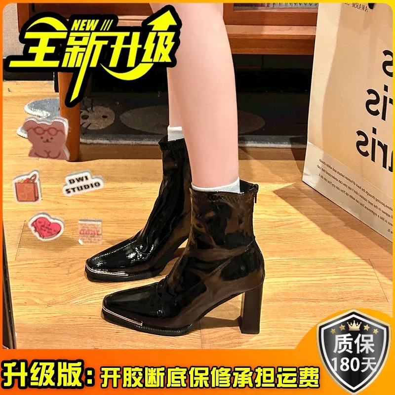 Kendall Jenner Patent Leather Back Zipper Skinny Boots High Heels