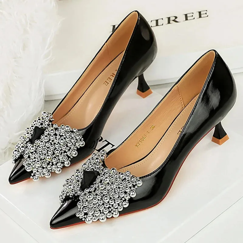 Kitten heels rhinestone bowknot design Women Pumps Stiletto 5.5 cm Heels Ladies shoes patent leather High Heels