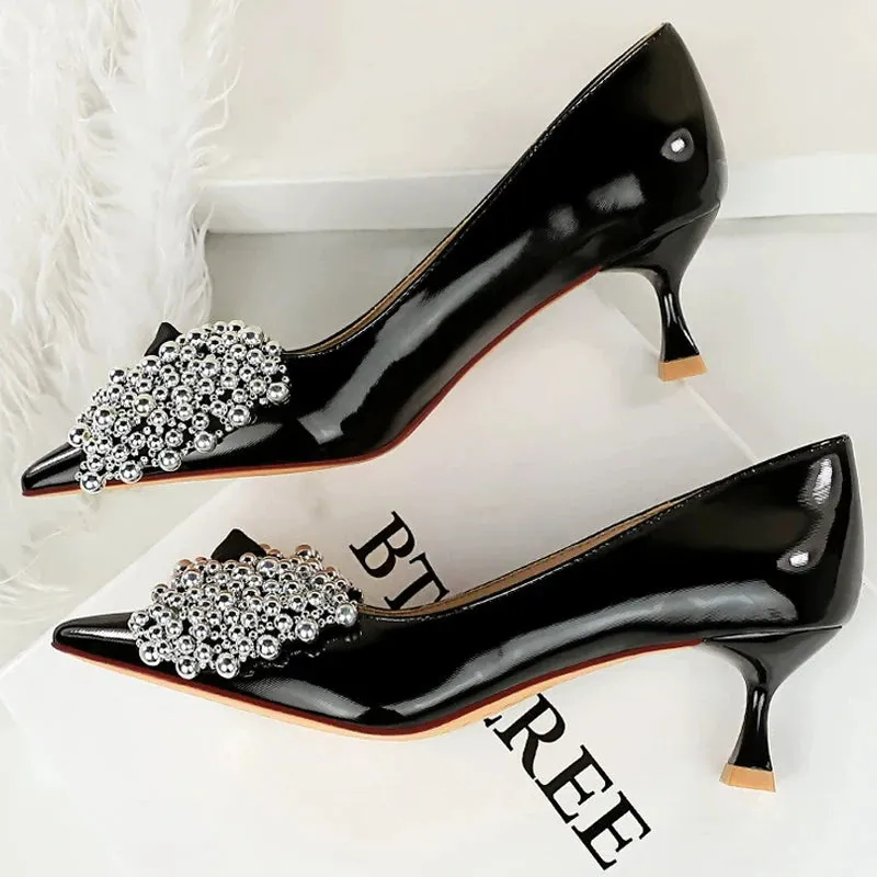 Kitten heels rhinestone bowknot design Women Pumps Stiletto 5.5 cm Heels Ladies shoes patent leather High Heels