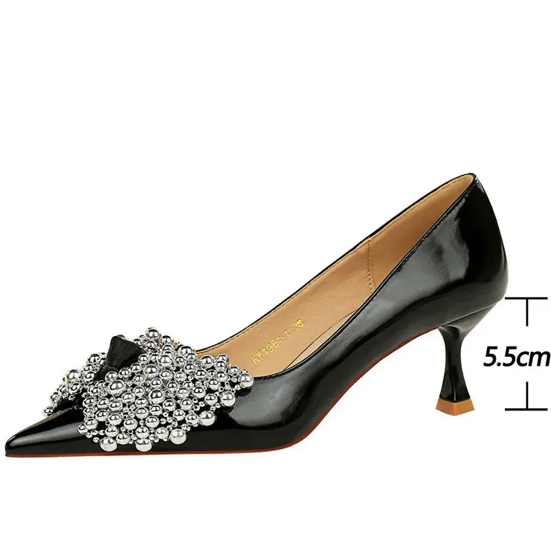 Kitten heels rhinestone bowknot design Women Pumps Stiletto 5.5 cm Heels Ladies shoes patent leather High Heels