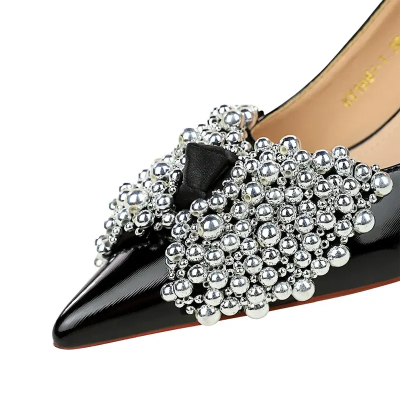 Kitten heels rhinestone bowknot design Women Pumps Stiletto 5.5 cm Heels Ladies shoes patent leather High Heels