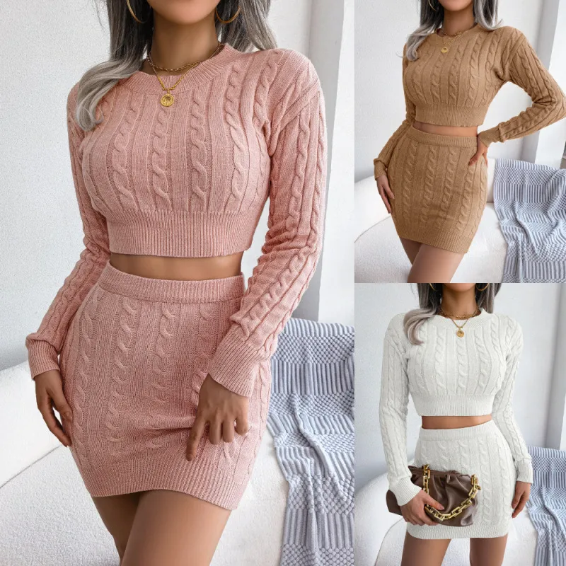 Knitted Long Sleeve Crop Sweater & Mini Skirt Set