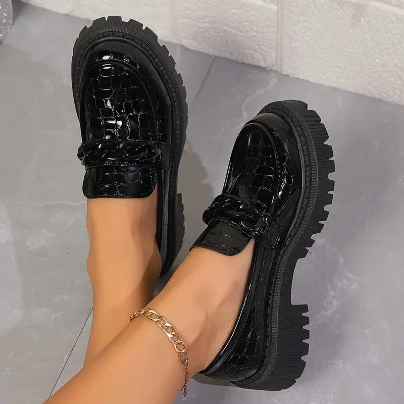 Lucyever Chain Accents Platform Loafers for Women Plus Size 42 Slip On Patent Leather Shoes Woman Comfort Round Toe Preppy Shoes