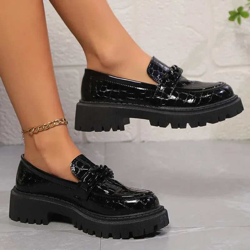 Lucyever Chain Accents Platform Loafers for Women Plus Size 42 Slip On Patent Leather Shoes Woman Comfort Round Toe Preppy Shoes