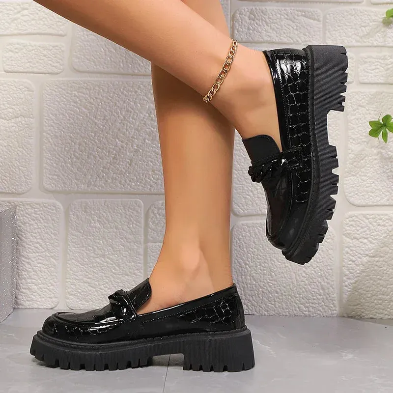 Lucyever Chain Accents Platform Loafers for Women Plus Size 42 Slip On Patent Leather Shoes Woman Comfort Round Toe Preppy Shoes