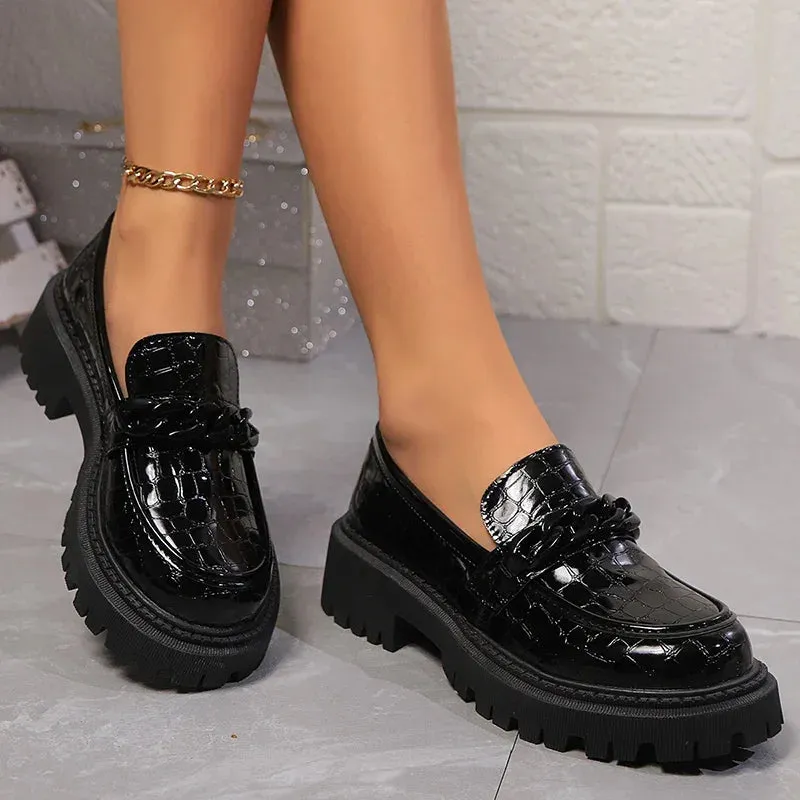 Lucyever Chain Accents Platform Loafers for Women Plus Size 42 Slip On Patent Leather Shoes Woman Comfort Round Toe Preppy Shoes
