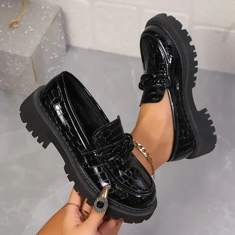 Lucyever Chain Accents Platform Loafers for Women Plus Size 42 Slip On Patent Leather Shoes Woman Comfort Round Toe Preppy Shoes