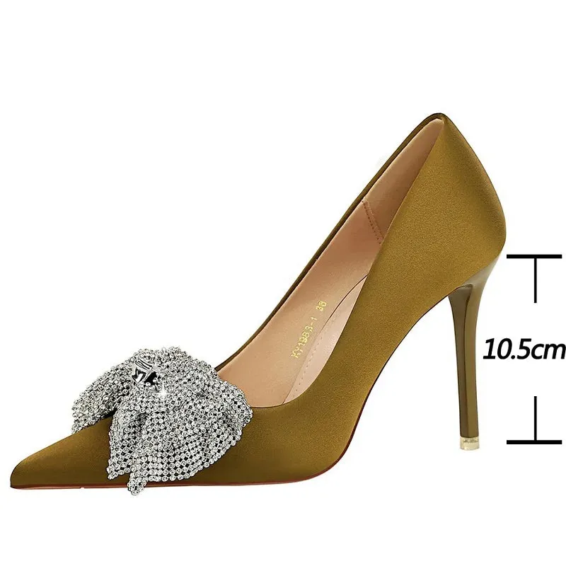 Luxury Women Pumps Rhinestone Butterfly High Heels 10.5 CM Stilettos Silks Satins Women Heels Fashion wedding shoes