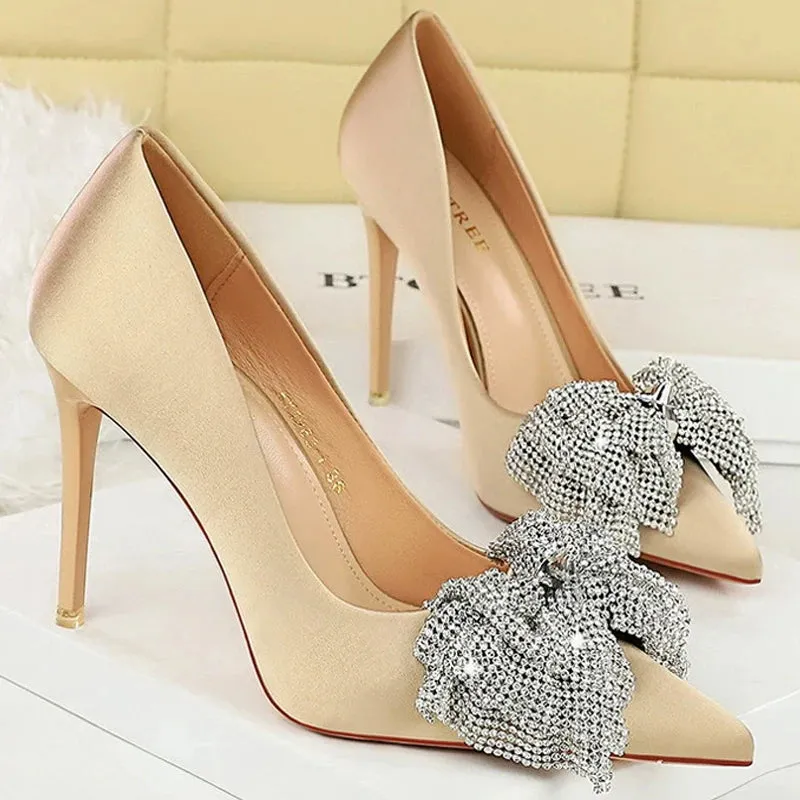 Luxury Women Pumps Rhinestone Butterfly High Heels 10.5 CM Stilettos Silks Satins Women Heels Fashion wedding shoes