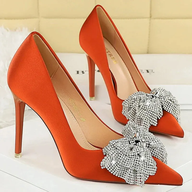 Luxury Women Pumps Rhinestone Butterfly High Heels 10.5 CM Stilettos Silks Satins Women Heels Fashion wedding shoes