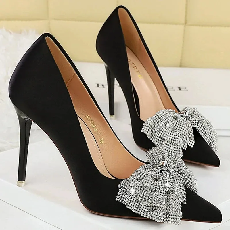 Luxury Women Pumps Rhinestone Butterfly High Heels 10.5 CM Stilettos Silks Satins Women Heels Fashion wedding shoes