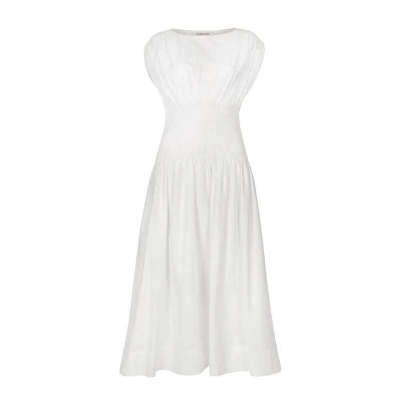MONDO CORSINI Penelope Cotton Gathered Waist Dress in White