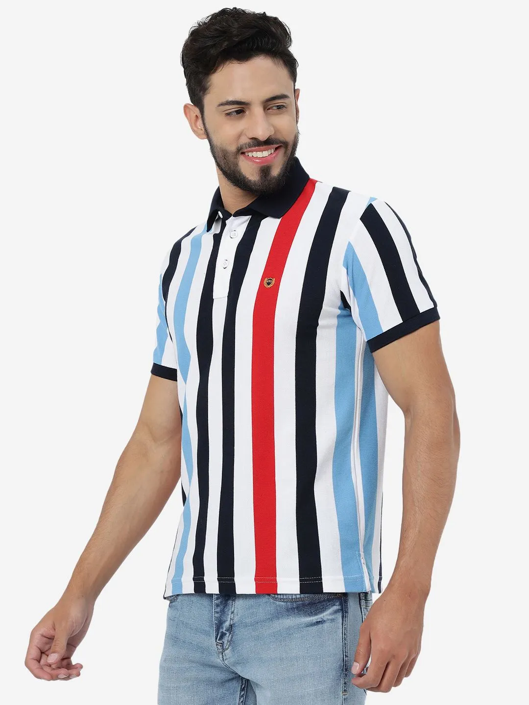 Multicolour Striped Slim Fit Polo T-Shirt | JadeBlue