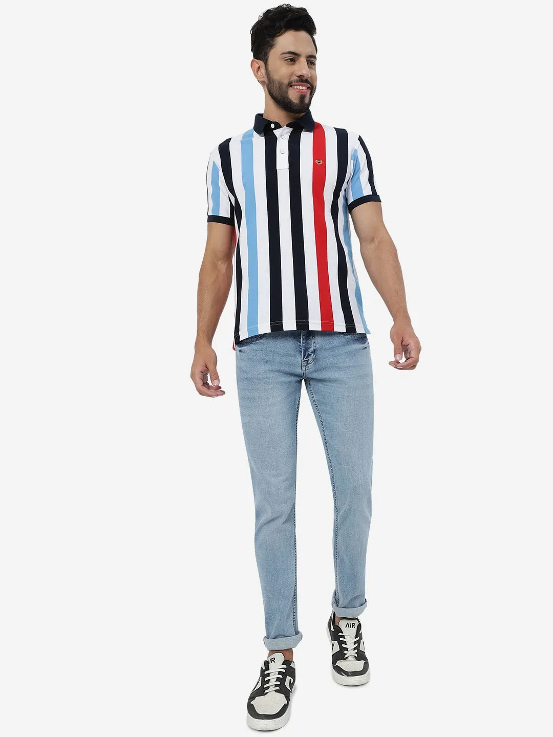 Multicolour Striped Slim Fit Polo T-Shirt | JadeBlue