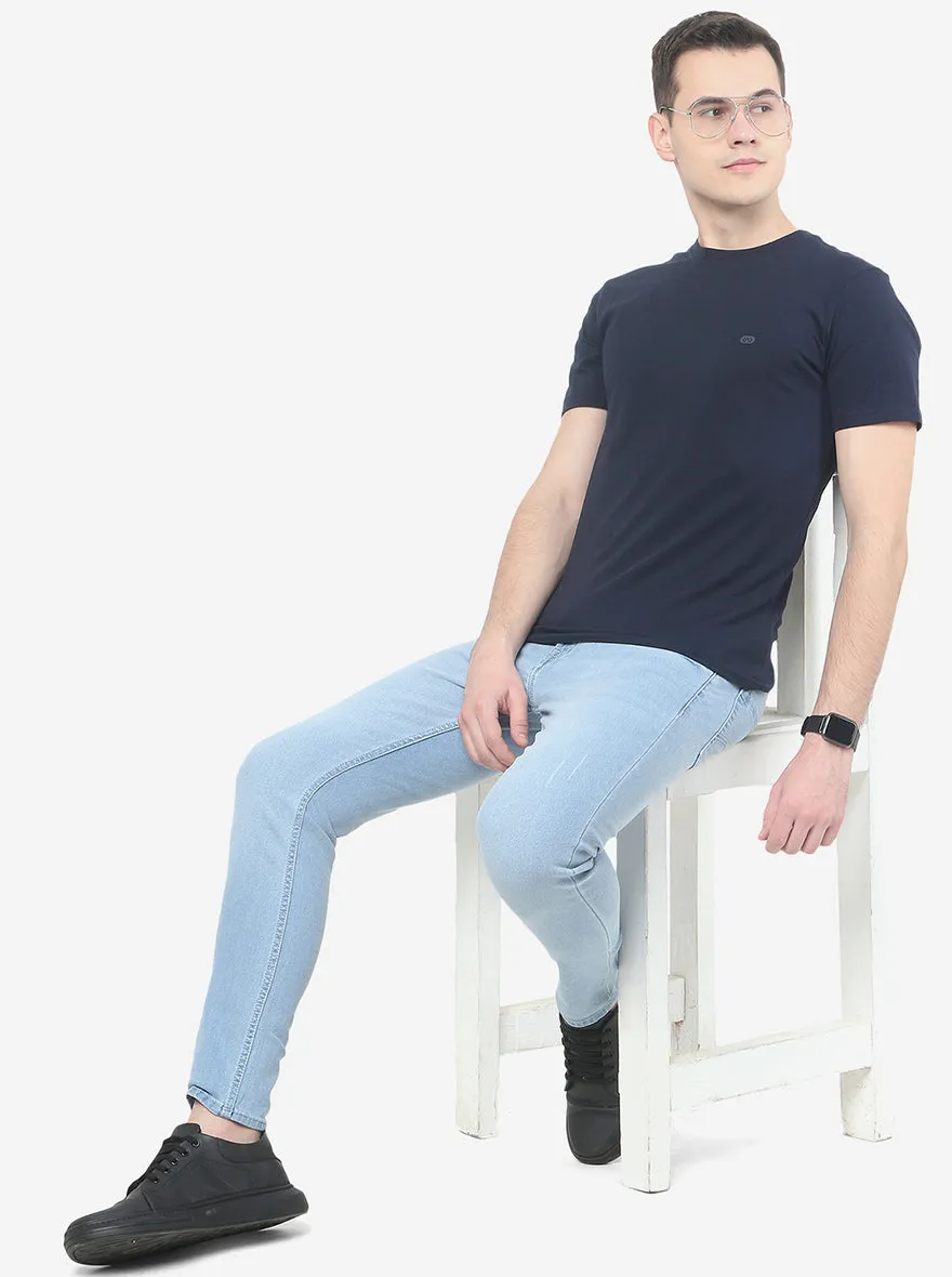 Navy Blue Solid Slim Fit T-Shirt | JadeBlue