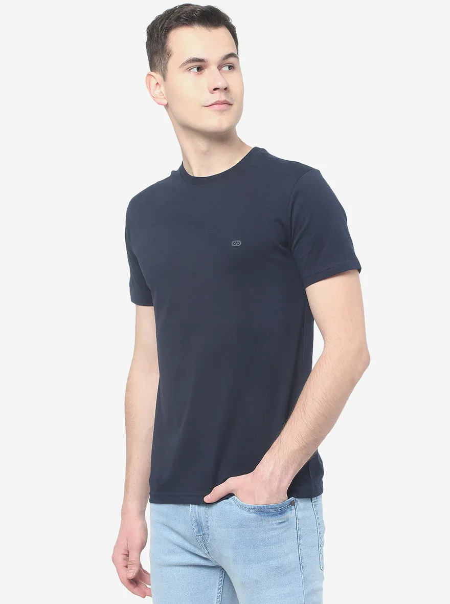Navy Blue Solid Slim Fit T-Shirt | JadeBlue