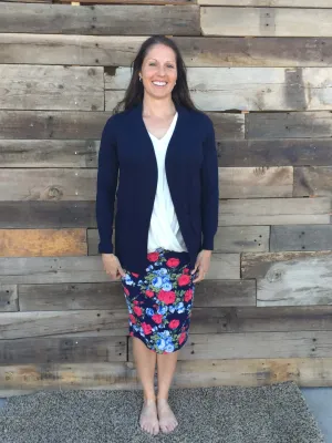 Navy Ribbed Trim Cardigan