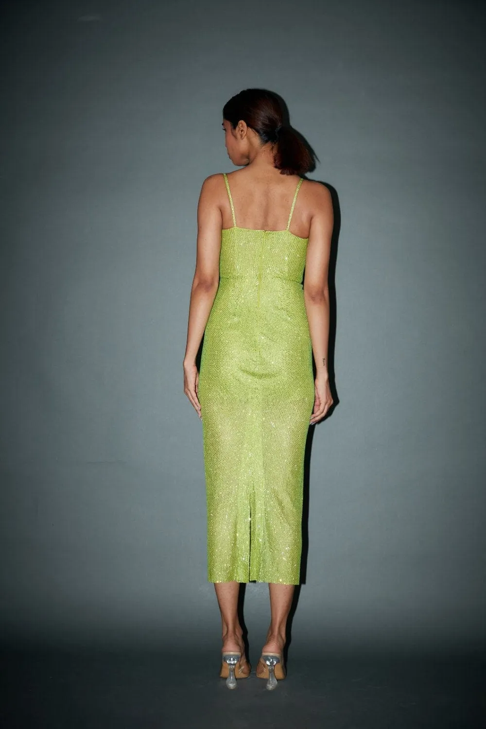 Neon Green Net Crystal Embellished Corset Dress