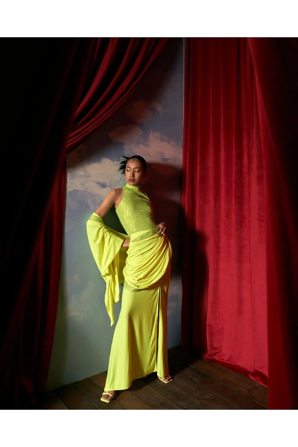 Neon Yellow Jersey Crystal Embellished Ruched Skirt Saree Set