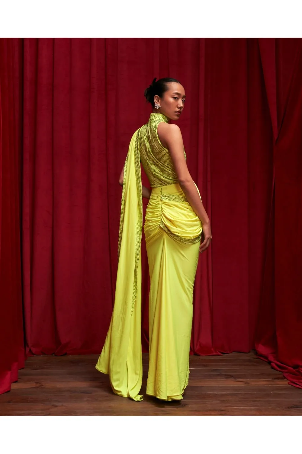 Neon Yellow Jersey Crystal Embellished Ruched Skirt Saree Set