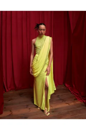 Neon Yellow Jersey Crystal Embellished Ruched Skirt Saree Set