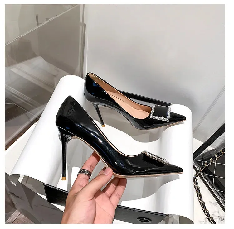 New square buckle versatile high heels for women,