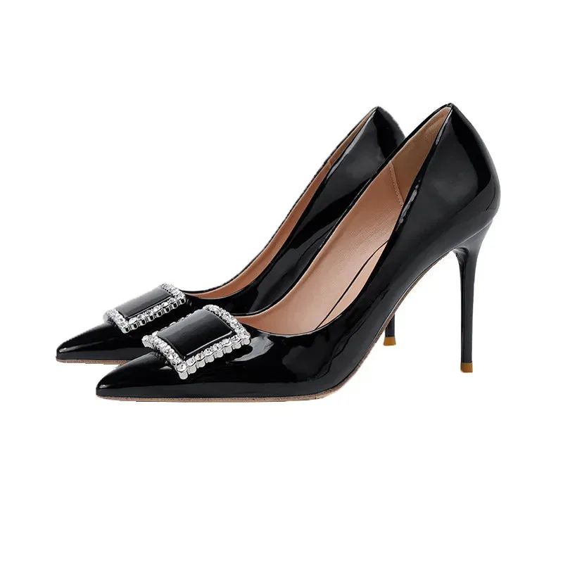 New square buckle versatile high heels for women,
