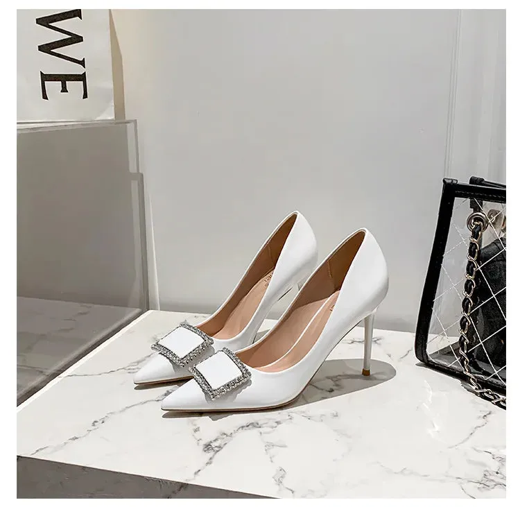 New square buckle versatile high heels for women,