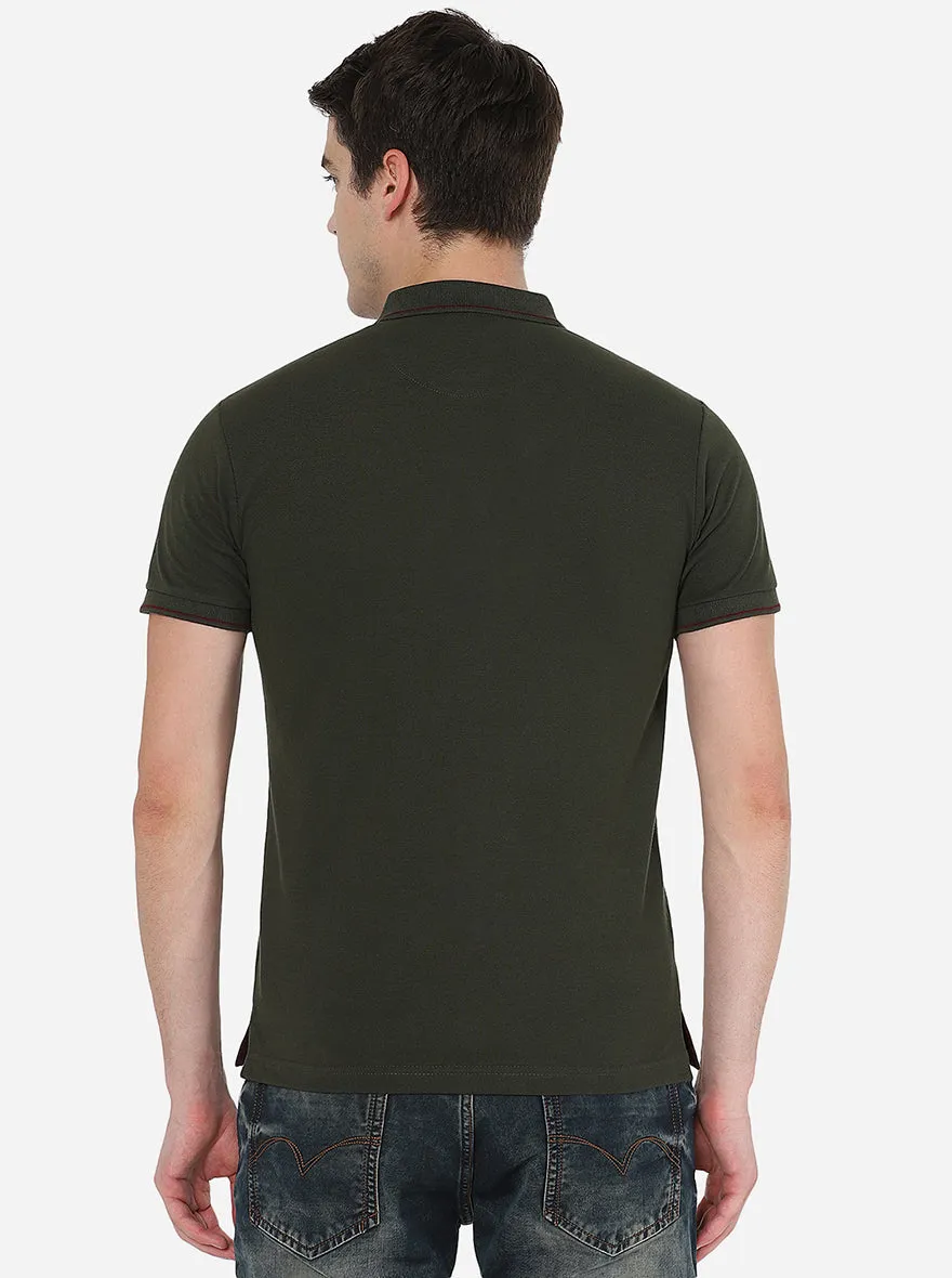 Olive Green Solid Slim Fit Polo T-Shirt | Greenfibre