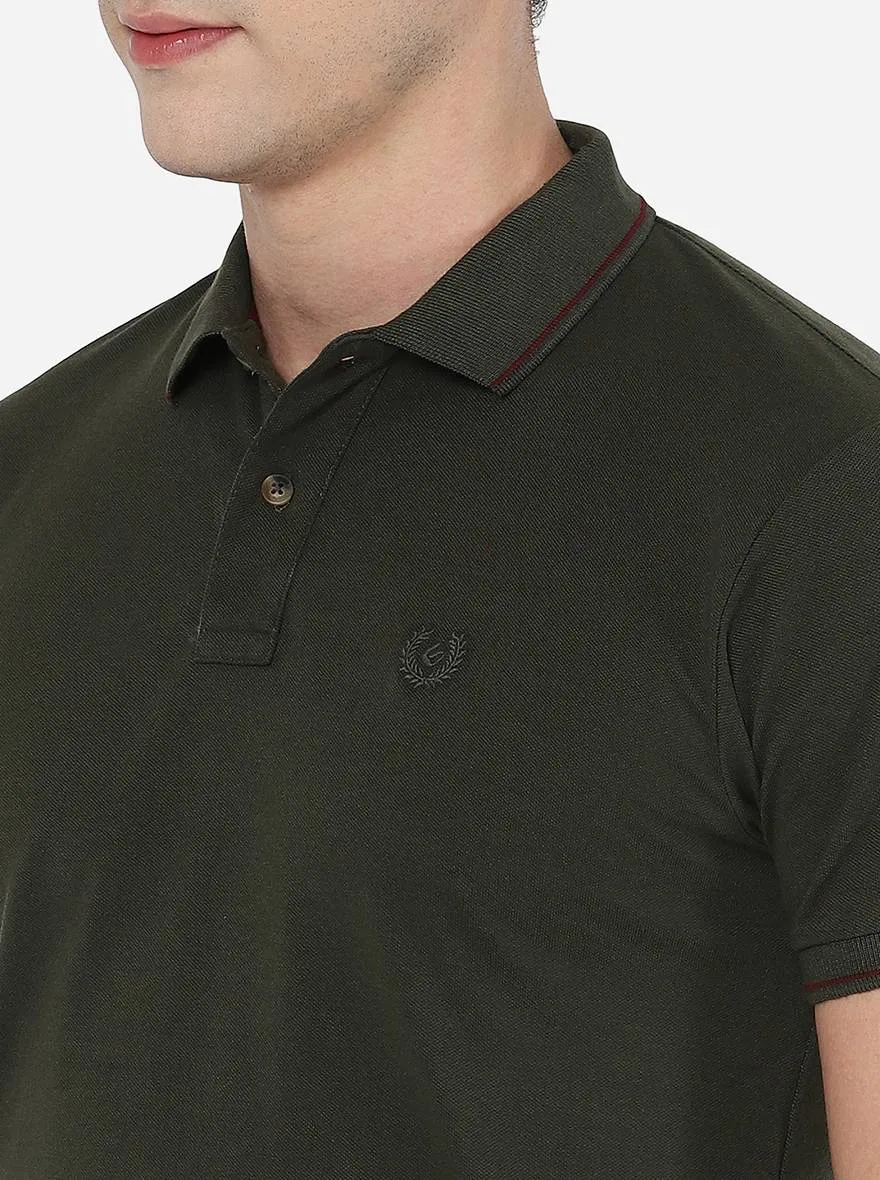 Olive Green Solid Slim Fit Polo T-Shirt | Greenfibre
