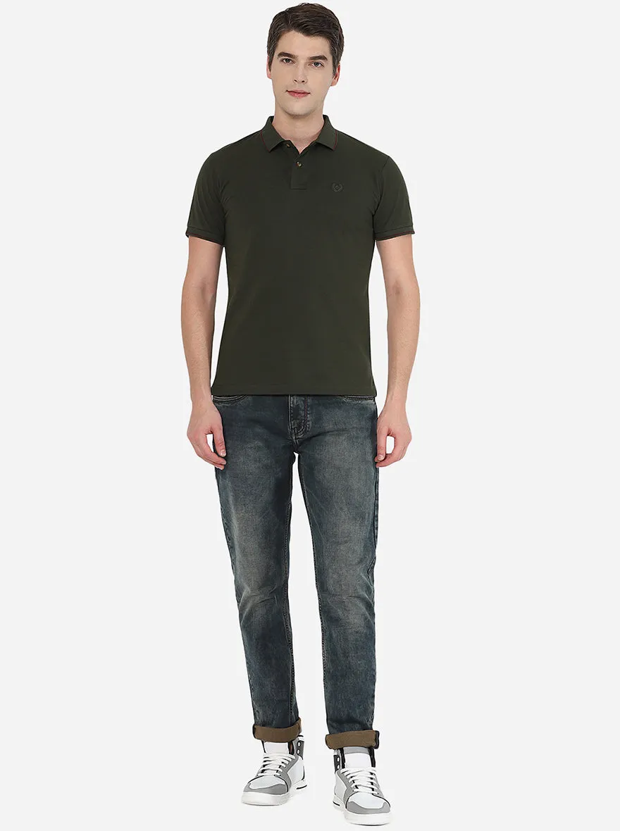 Olive Green Solid Slim Fit Polo T-Shirt | Greenfibre