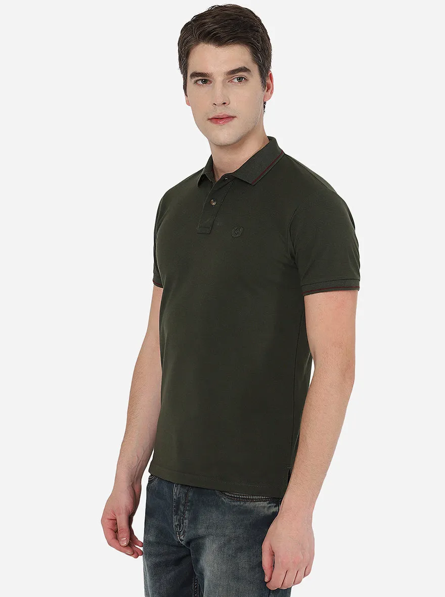 Olive Green Solid Slim Fit Polo T-Shirt | Greenfibre