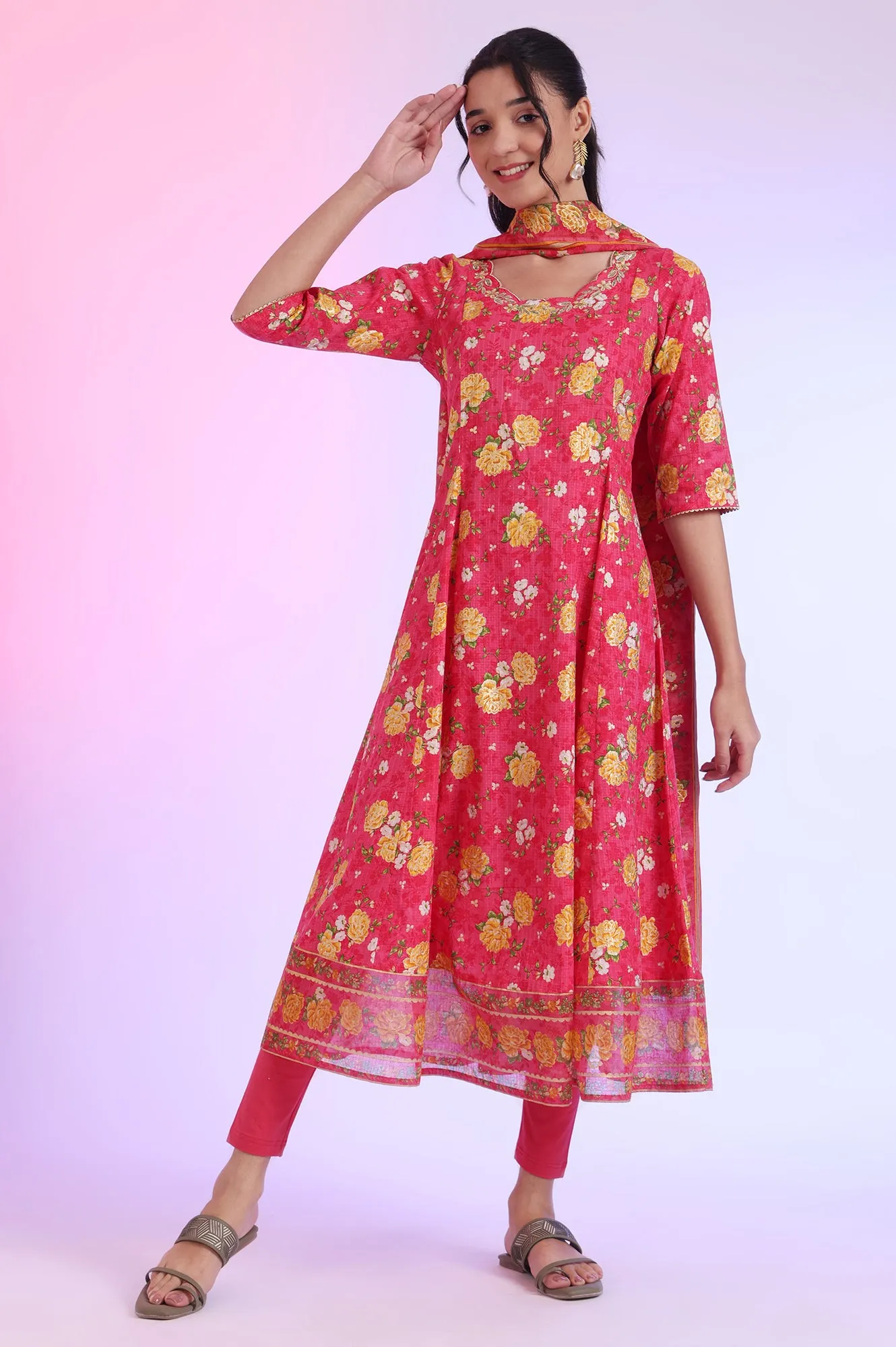 Pink Printed Anarkali with Leggings & Dupatta Set