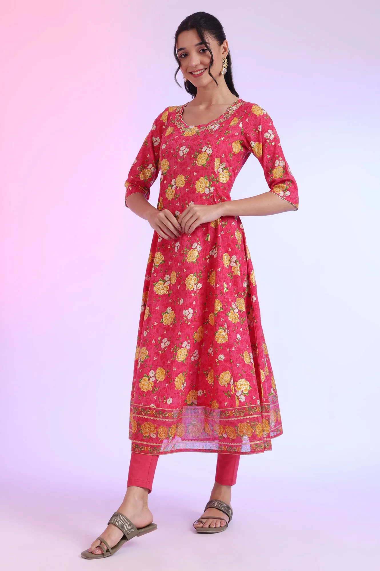 Pink Printed Anarkali with Leggings & Dupatta Set